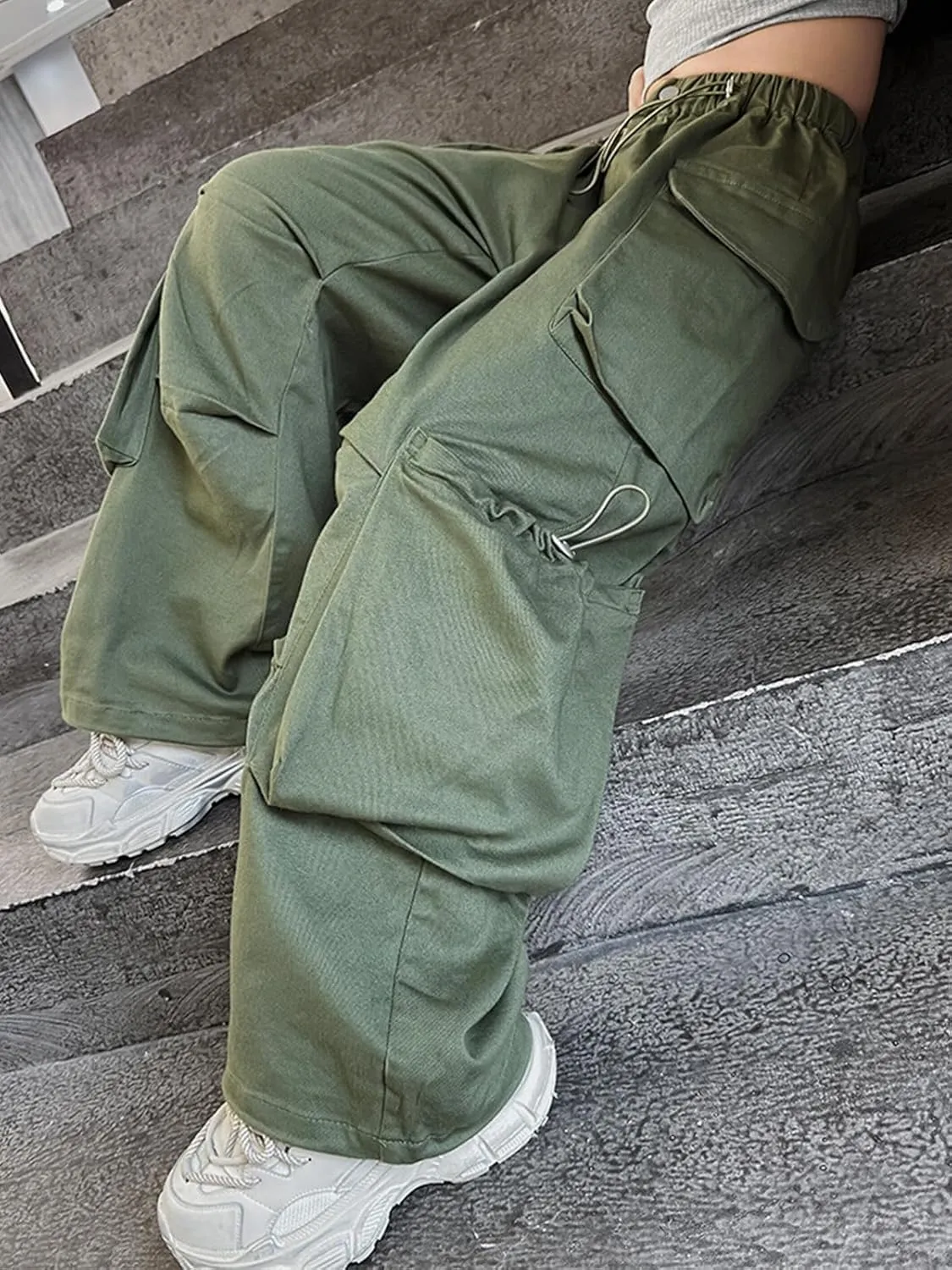 Girls Vintage Multiple Pockets Cargo Pants Wide-Leg Casual Straight Streetwear, 6-14 Years