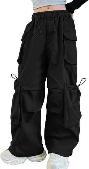 Girls Vintage Multiple Pockets Cargo Pants Wide-Leg Casual Straight Streetwear, 6-14 Years
