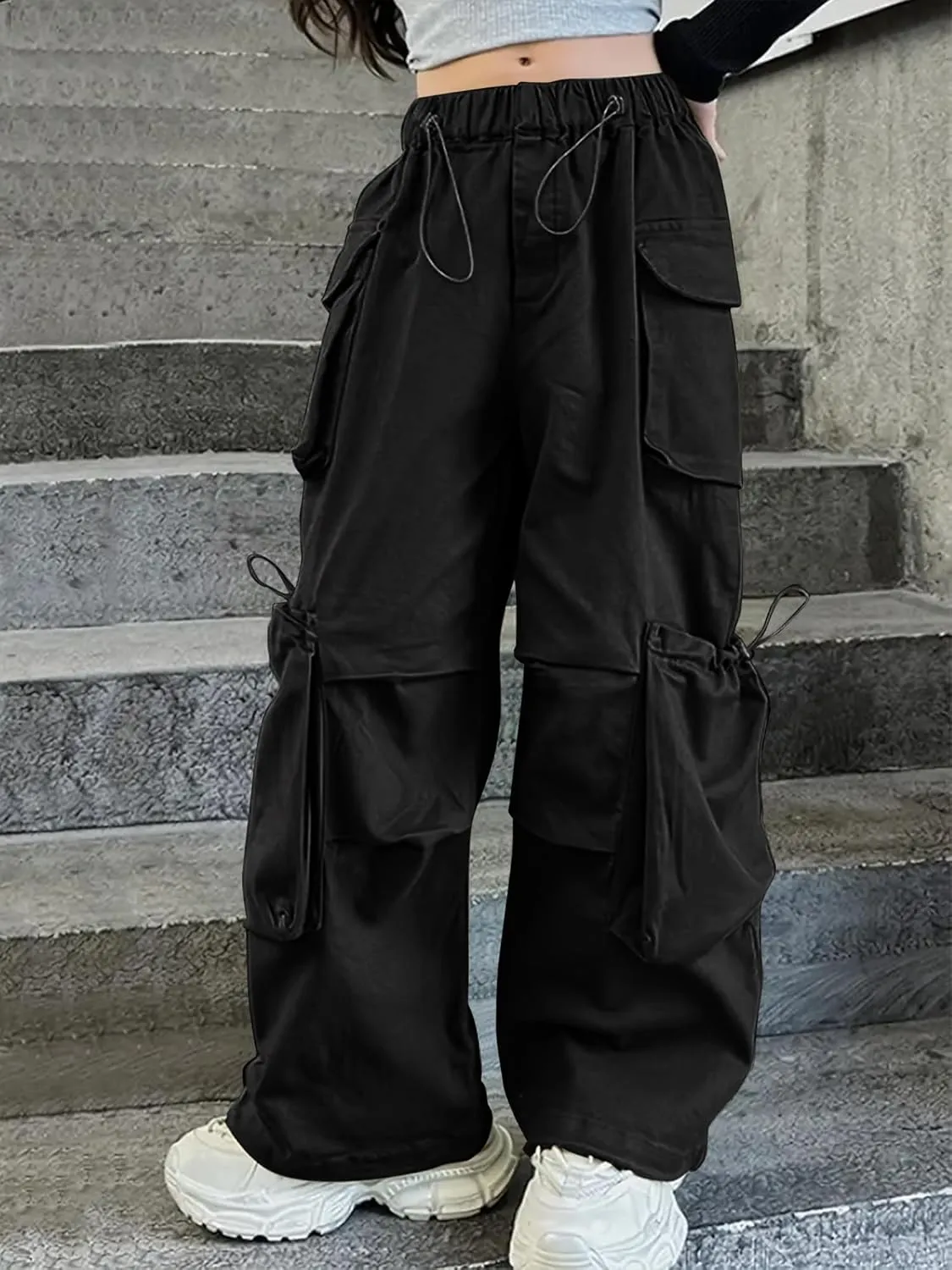 Girls Vintage Multiple Pockets Cargo Pants Wide-Leg Casual Straight Streetwear, 6-14 Years