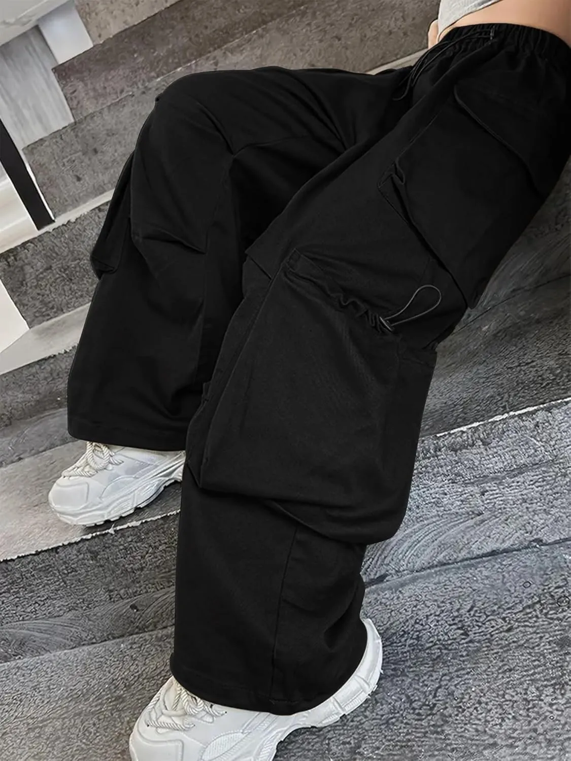 Girls Vintage Multiple Pockets Cargo Pants Wide-Leg Casual Straight Streetwear, 6-14 Years