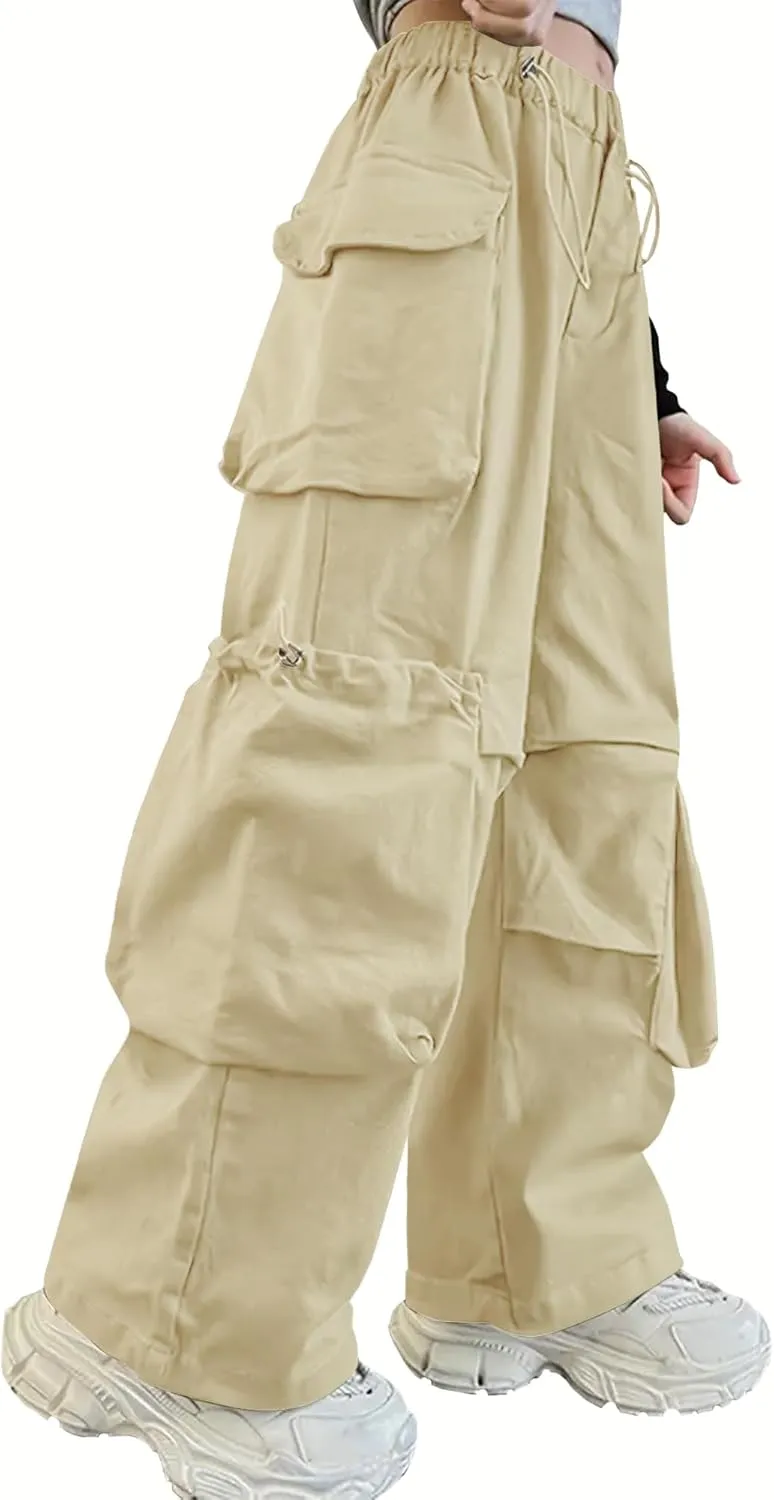 Girls Vintage Multiple Pockets Cargo Pants Wide-Leg Casual Straight Streetwear, 6-14 Years
