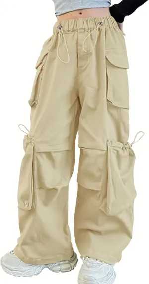 Girls Vintage Multiple Pockets Cargo Pants Wide-Leg Casual Straight Streetwear, 6-14 Years