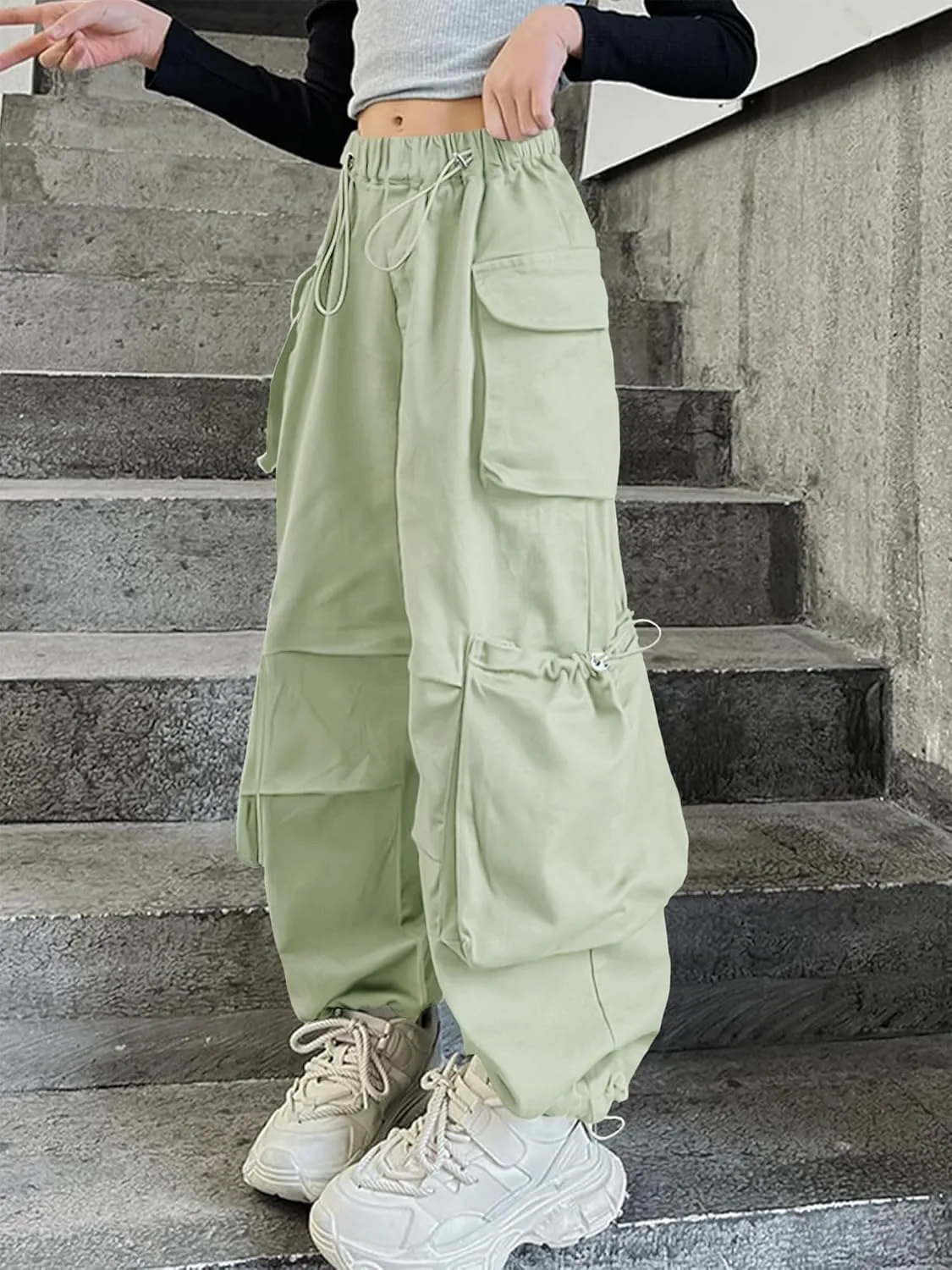 Girls Vintage Multiple Pockets Cargo Pants Wide-Leg Casual Straight Streetwear, 6-14 Years
