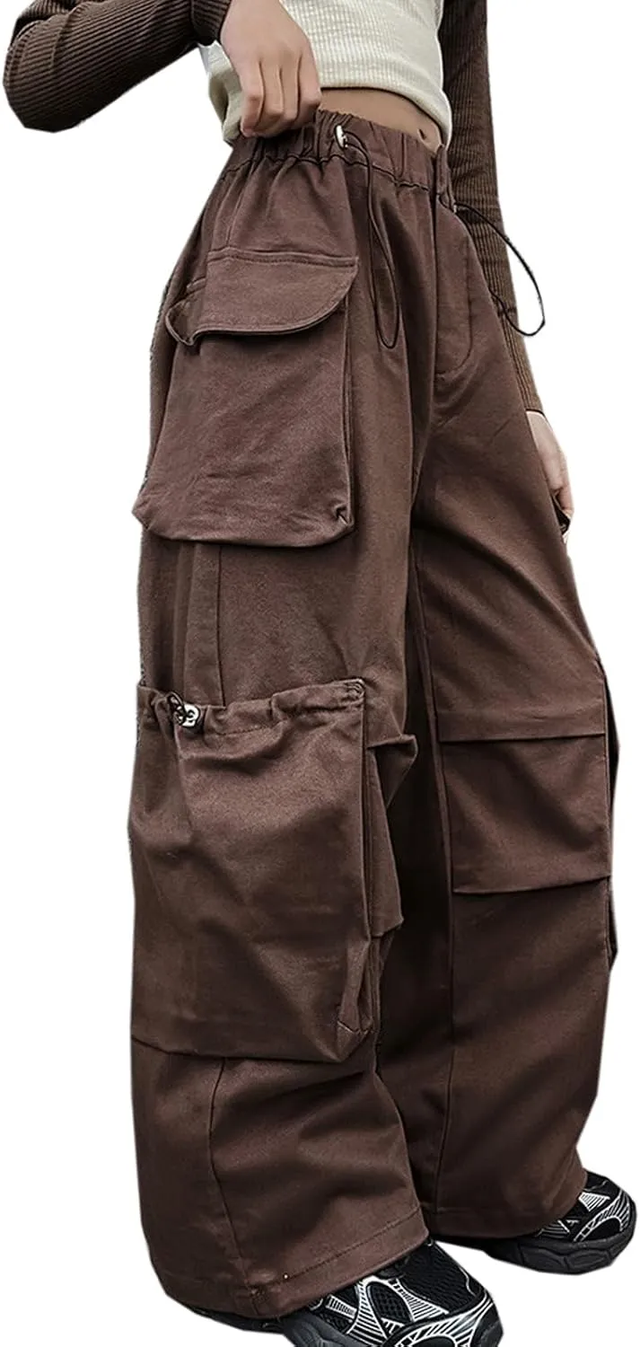 Girls Vintage Multiple Pockets Cargo Pants Wide-Leg Casual Straight Streetwear, 6-14 Years