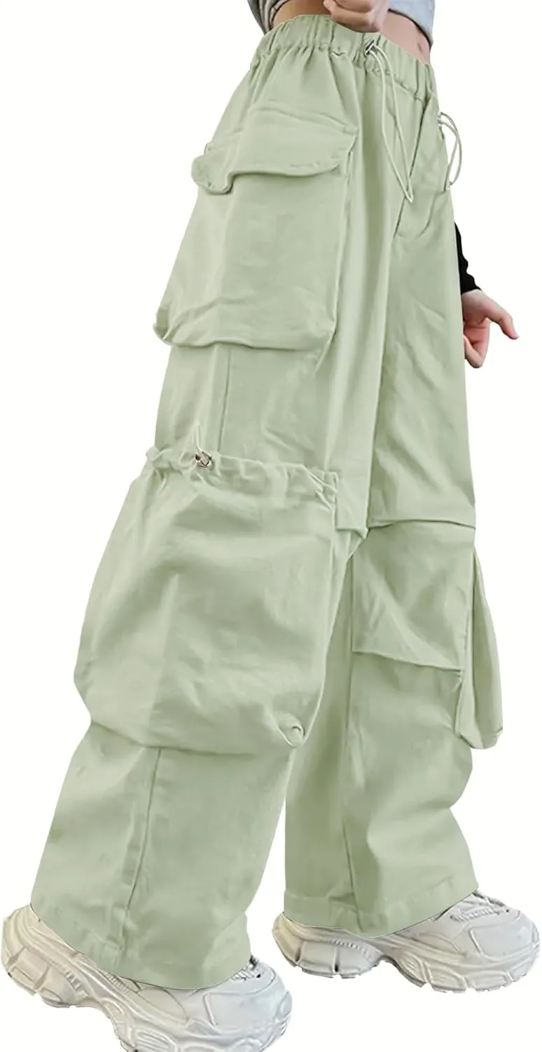Girls Vintage Multiple Pockets Cargo Pants Wide-Leg Casual Straight Streetwear, 6-14 Years