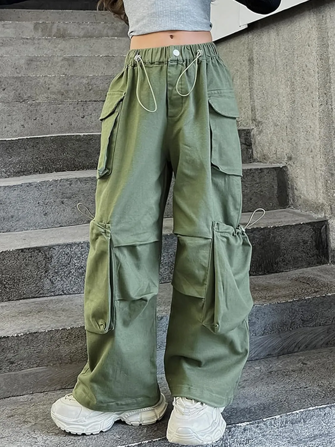 Girls Vintage Multiple Pockets Cargo Pants Wide-Leg Casual Straight Streetwear, 6-14 Years