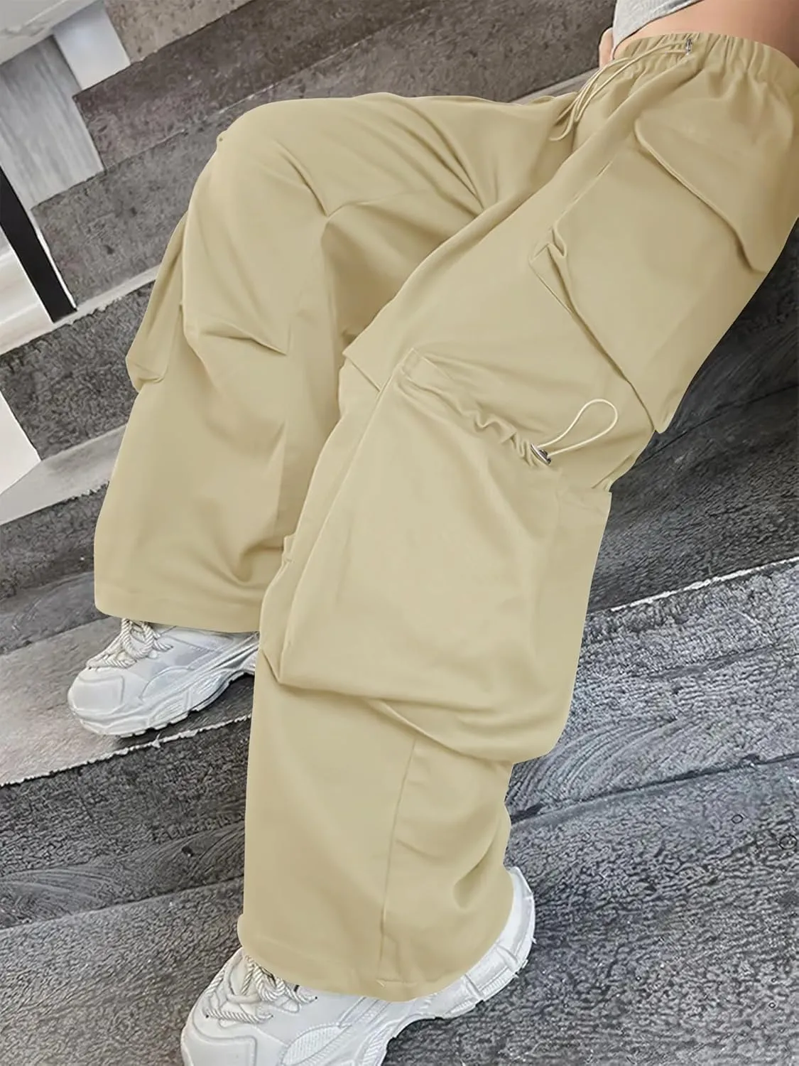 Girls Vintage Multiple Pockets Cargo Pants Wide-Leg Casual Straight Streetwear, 6-14 Years