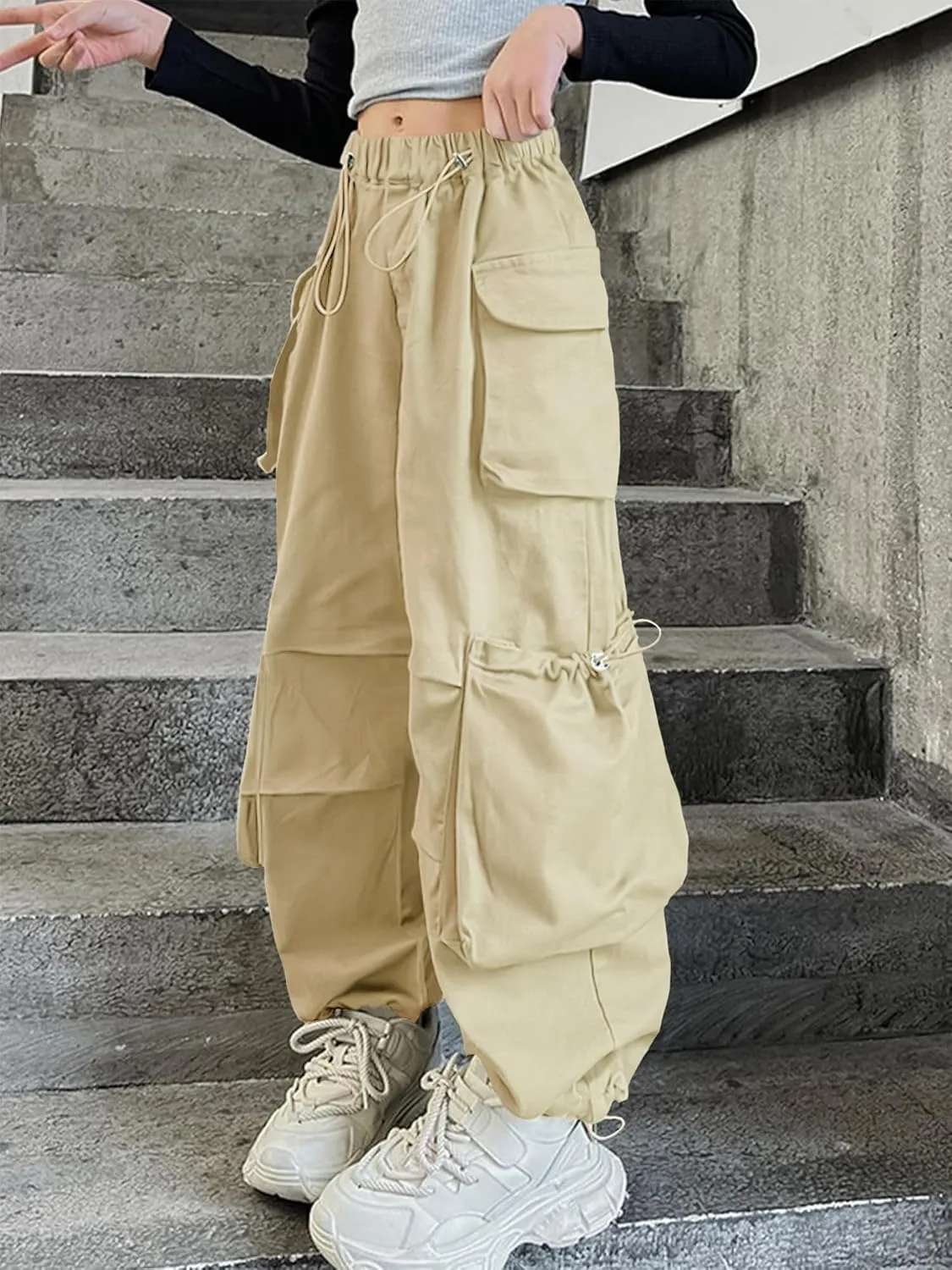 Girls Vintage Multiple Pockets Cargo Pants Wide-Leg Casual Straight Streetwear, 6-14 Years