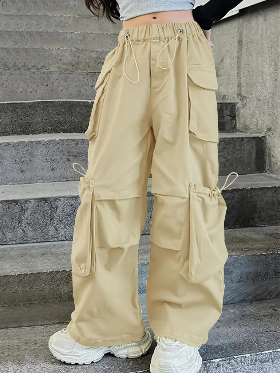 Girls Vintage Multiple Pockets Cargo Pants Wide-Leg Casual Straight Streetwear, 6-14 Years