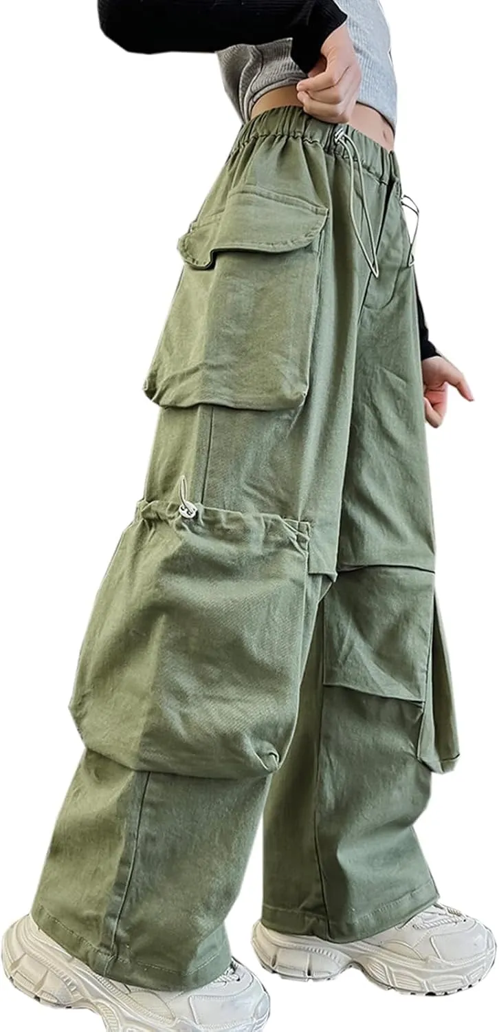 Girls Vintage Multiple Pockets Cargo Pants Wide-Leg Casual Straight Streetwear, 6-14 Years
