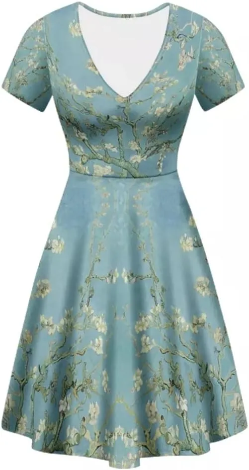 GLUDEAR Women Casual Dress Van Gogh 3D Print V-Neck Short Sleeves A-Line Swing Midi Dresses