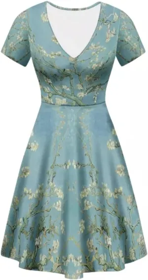 GLUDEAR Women Casual Dress Van Gogh 3D Print V-Neck Short Sleeves A-Line Swing Midi Dresses