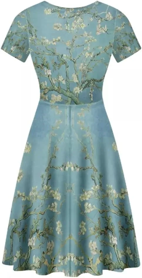 GLUDEAR Women Casual Dress Van Gogh 3D Print V-Neck Short Sleeves A-Line Swing Midi Dresses