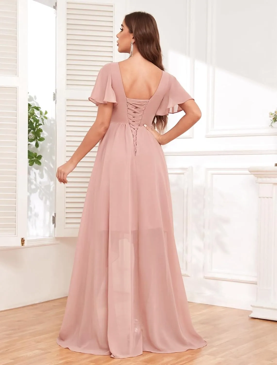 GOEBAODEEN Chiffon Short Sleeve Bridesmaid Dress for Wedding A Line V Neck High Low Mother of The Groom Dresses