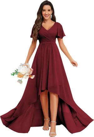 GOEBAODEEN Chiffon Short Sleeve Bridesmaid Dress for Wedding A Line V Neck High Low Mother of The Groom Dresses