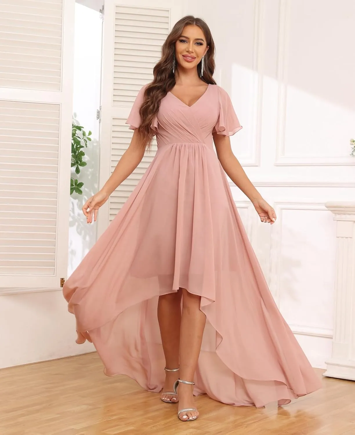 GOEBAODEEN Chiffon Short Sleeve Bridesmaid Dress for Wedding A Line V Neck High Low Mother of The Groom Dresses