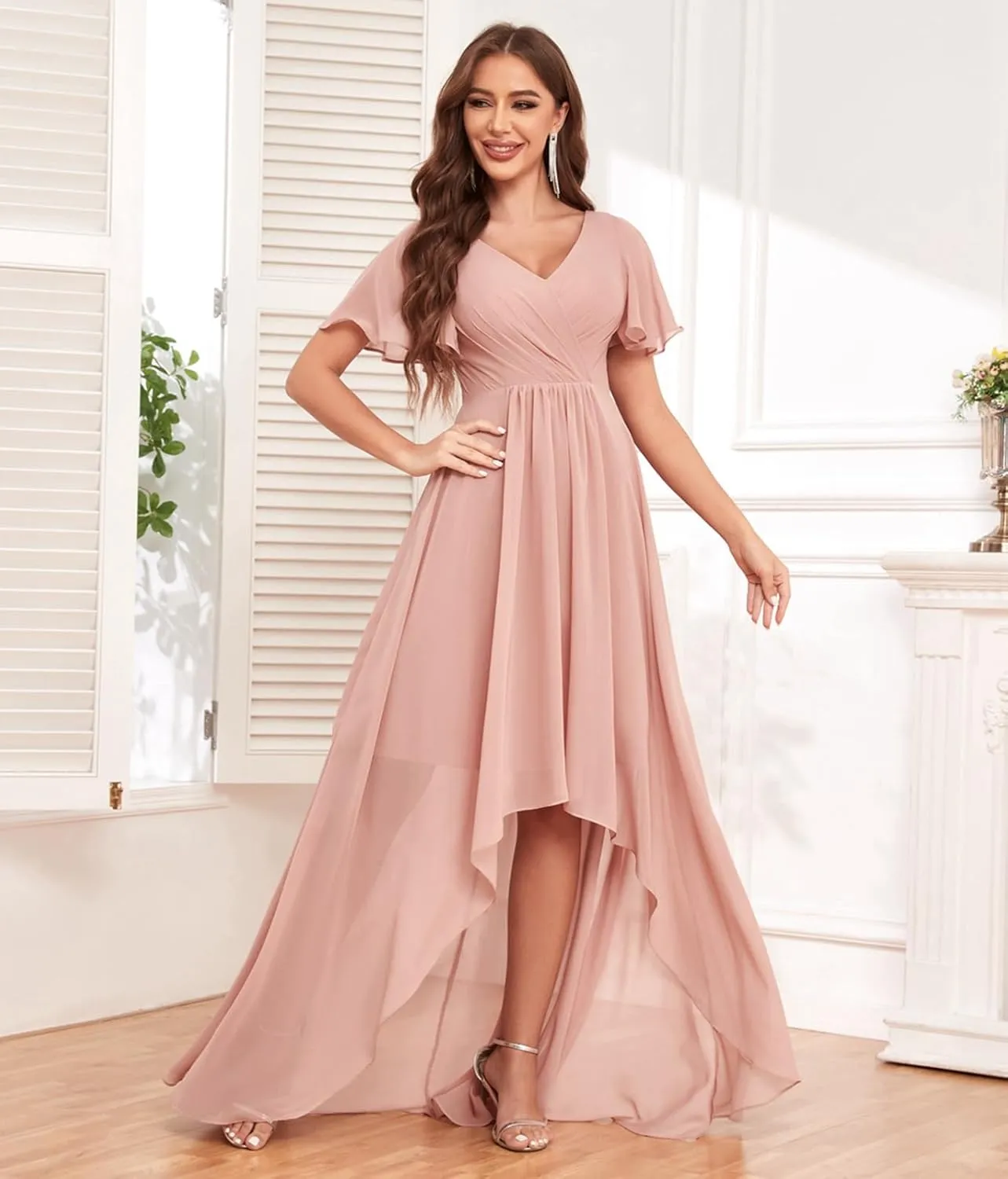 GOEBAODEEN Chiffon Short Sleeve Bridesmaid Dress for Wedding A Line V Neck High Low Mother of The Groom Dresses