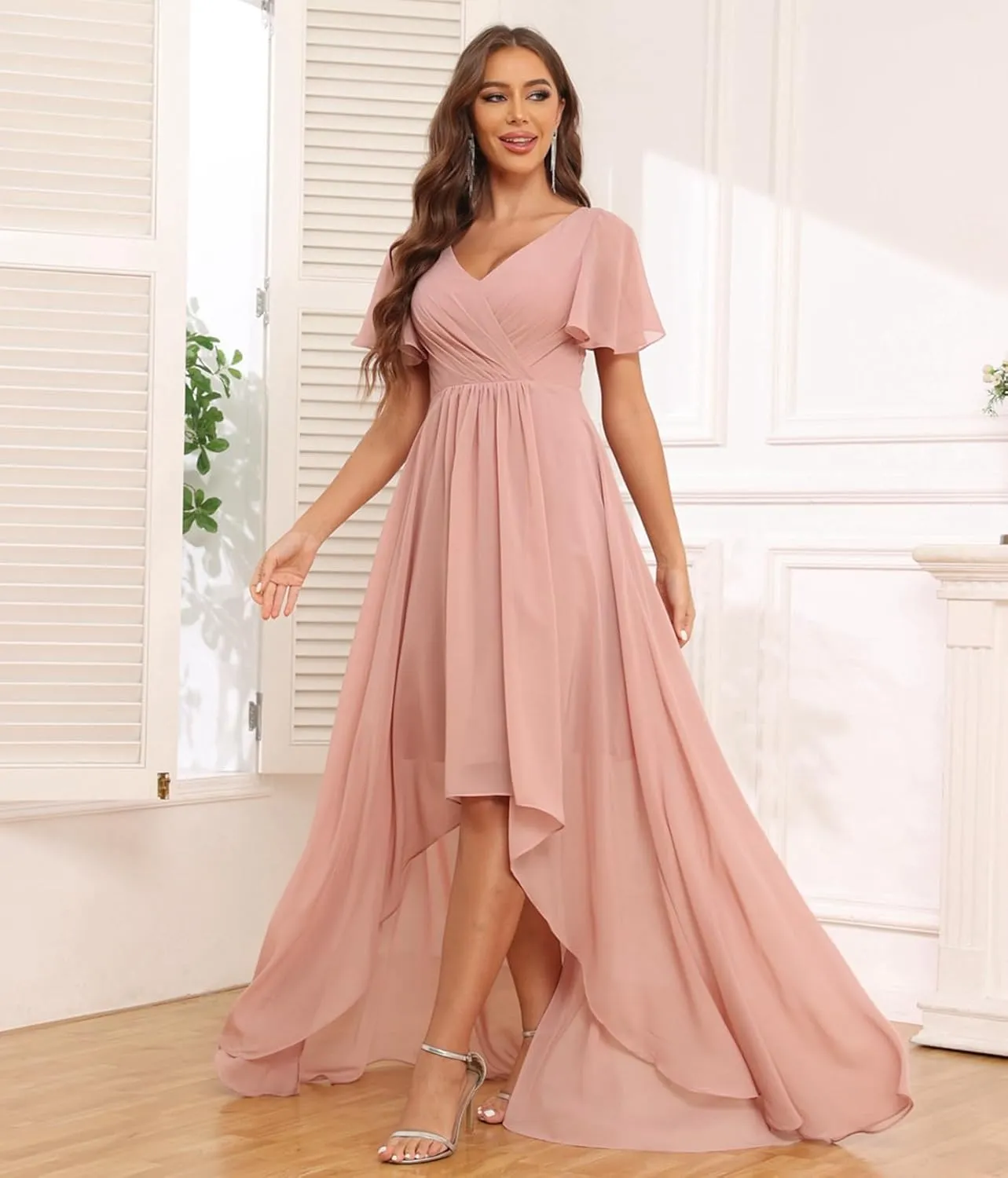 GOEBAODEEN Chiffon Short Sleeve Bridesmaid Dress for Wedding A Line V Neck High Low Mother of The Groom Dresses