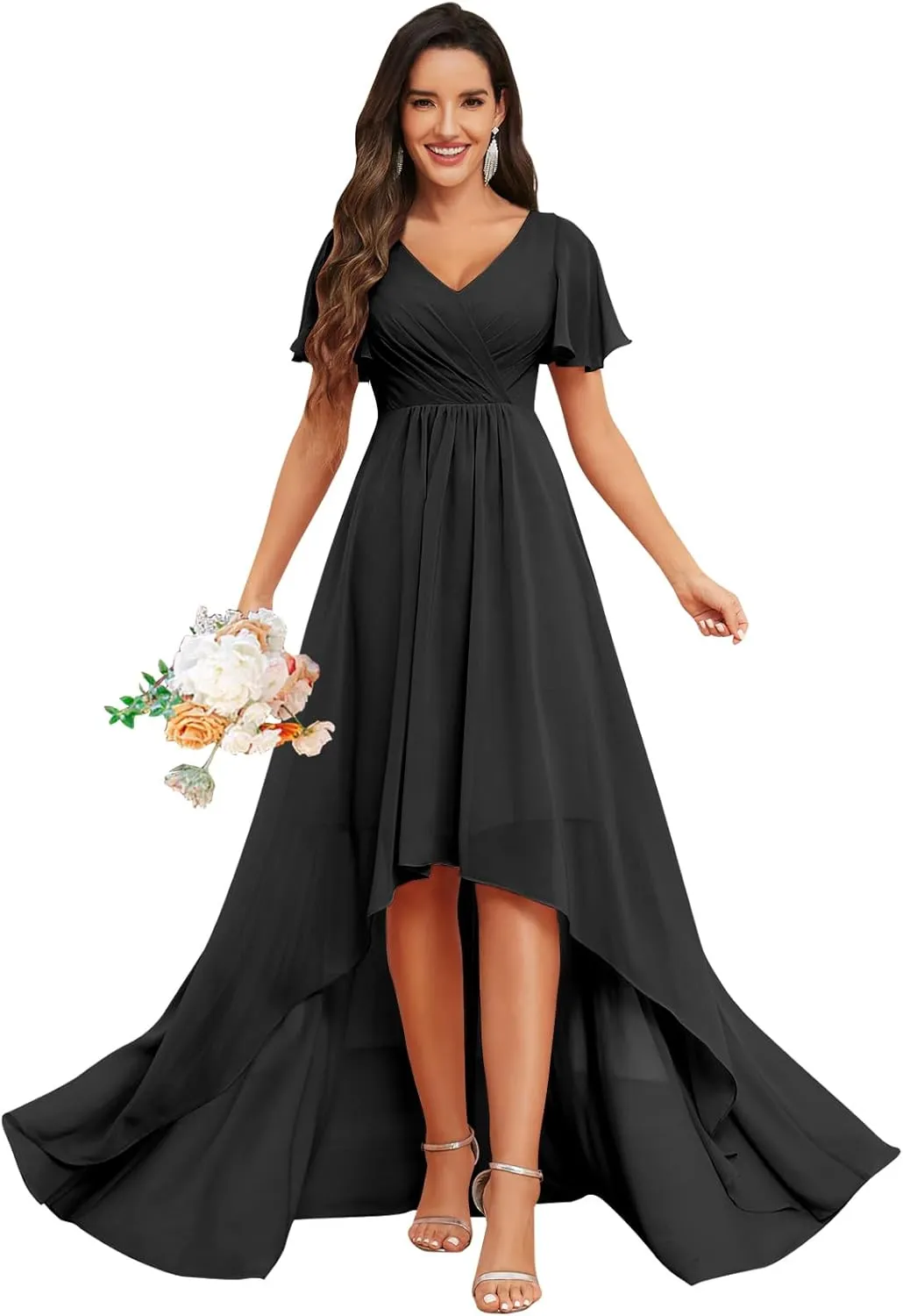 GOEBAODEEN Chiffon Short Sleeve Bridesmaid Dress for Wedding A Line V Neck High Low Mother of The Groom Dresses