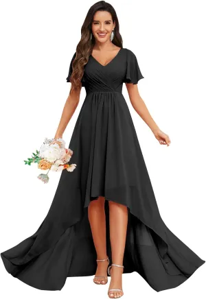 GOEBAODEEN Chiffon Short Sleeve Bridesmaid Dress for Wedding A Line V Neck High Low Mother of The Groom Dresses