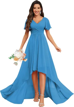 GOEBAODEEN Chiffon Short Sleeve Bridesmaid Dress for Wedding A Line V Neck High Low Mother of The Groom Dresses