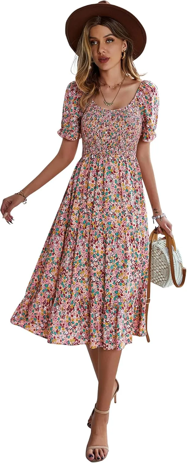 GOOTUCH Women's 2025 Summer Vacation Dress Wrap V Neck Short Sleeve Casual Beach Midi Boho Sundress