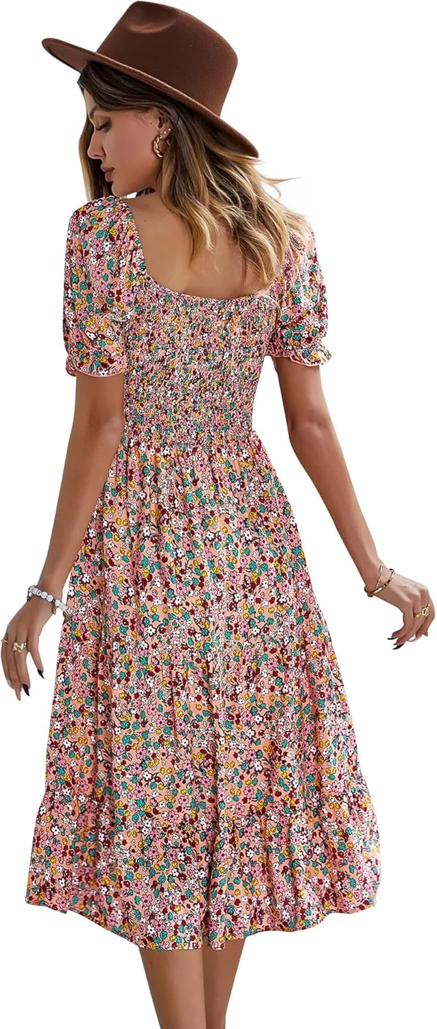 GOOTUCH Women's 2025 Summer Vacation Dress Wrap V Neck Short Sleeve Casual Beach Midi Boho Sundress