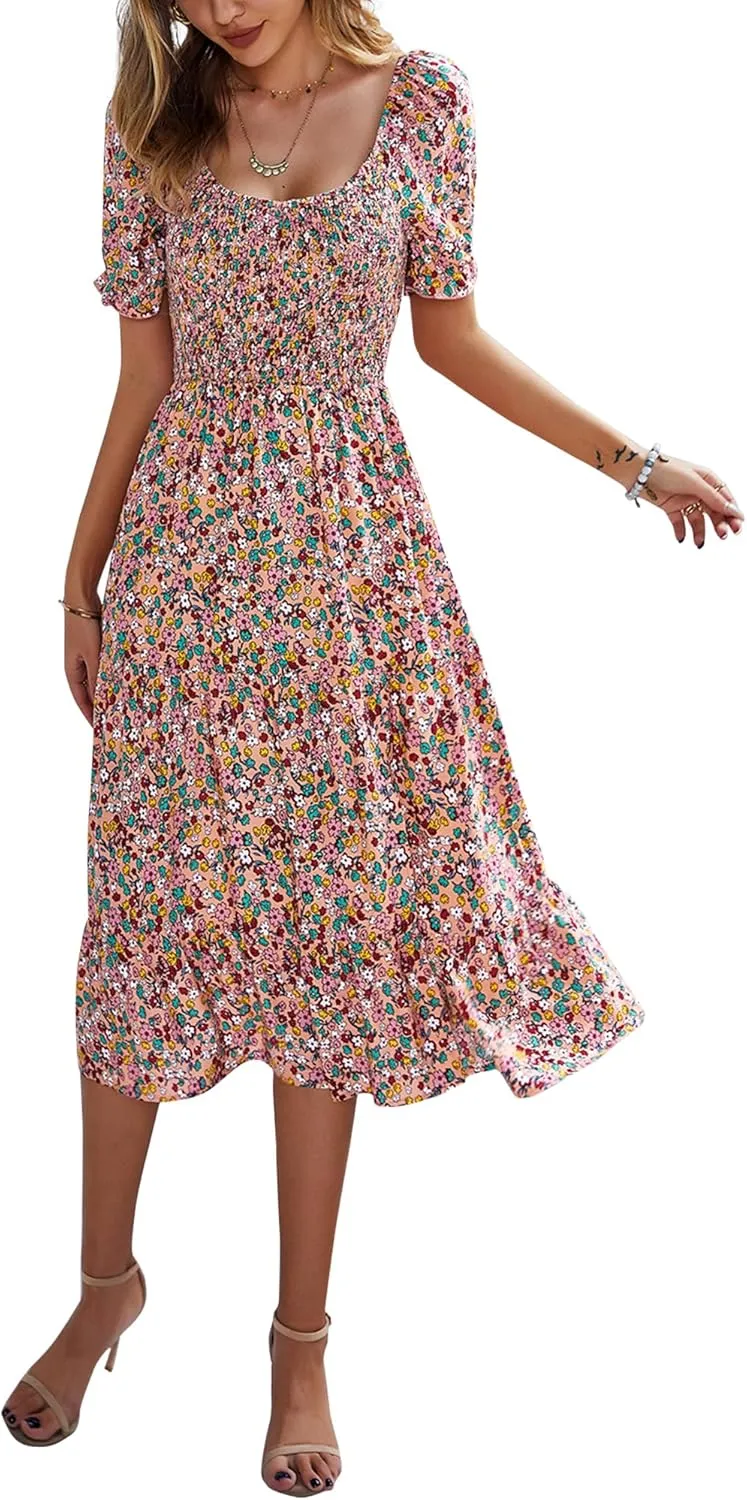 GOOTUCH Women's 2025 Summer Vacation Dress Wrap V Neck Short Sleeve Casual Beach Midi Boho Sundress