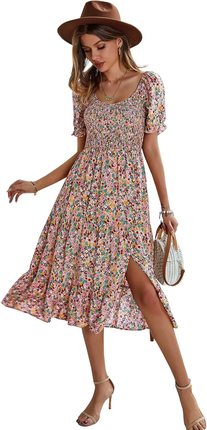 GOOTUCH Women's 2025 Summer Vacation Dress Wrap V Neck Short Sleeve Casual Beach Midi Boho Sundress