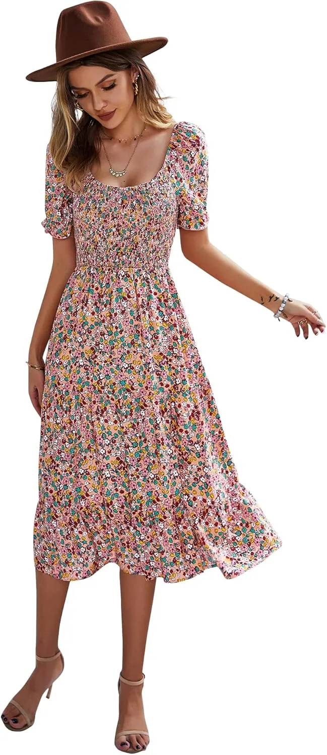 GOOTUCH Women's 2025 Summer Vacation Dress Wrap V Neck Short Sleeve Casual Beach Midi Boho Sundress