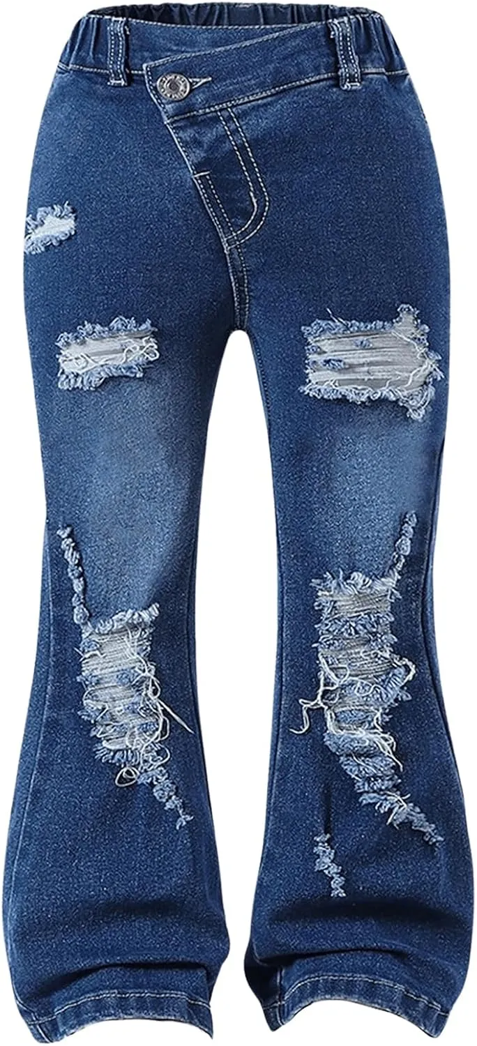 GORGLITTER Girl's Denim Jeans Baggy Graphic Elastic Waist Straight Leg Pants Butterfly Ripped Wide Leg Joggers