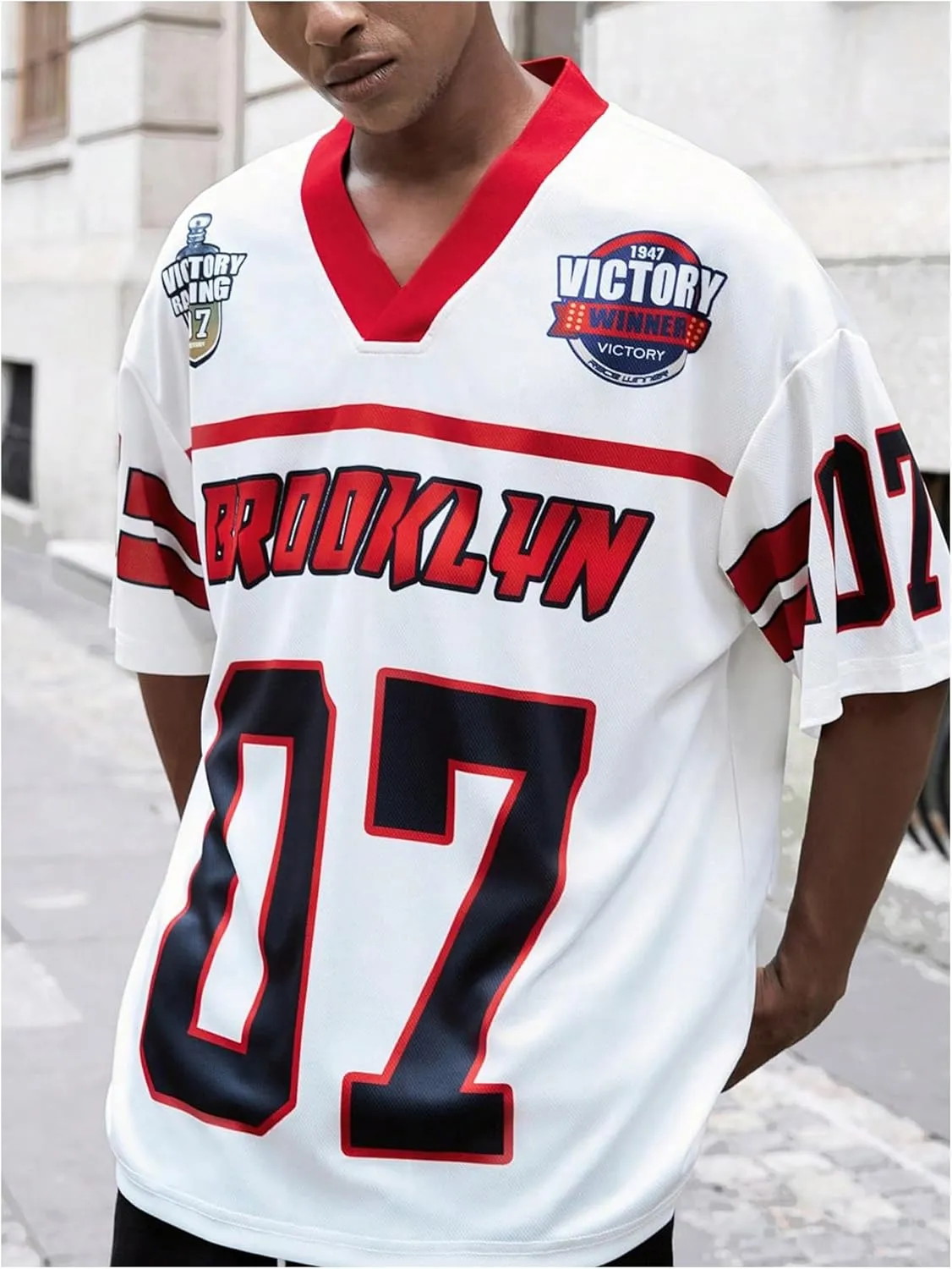 GORGLITTER Men's V Neck Racing Print Jersey Shirt Number Graphic Oversized Short Sleeve Streetwear T-Shirt