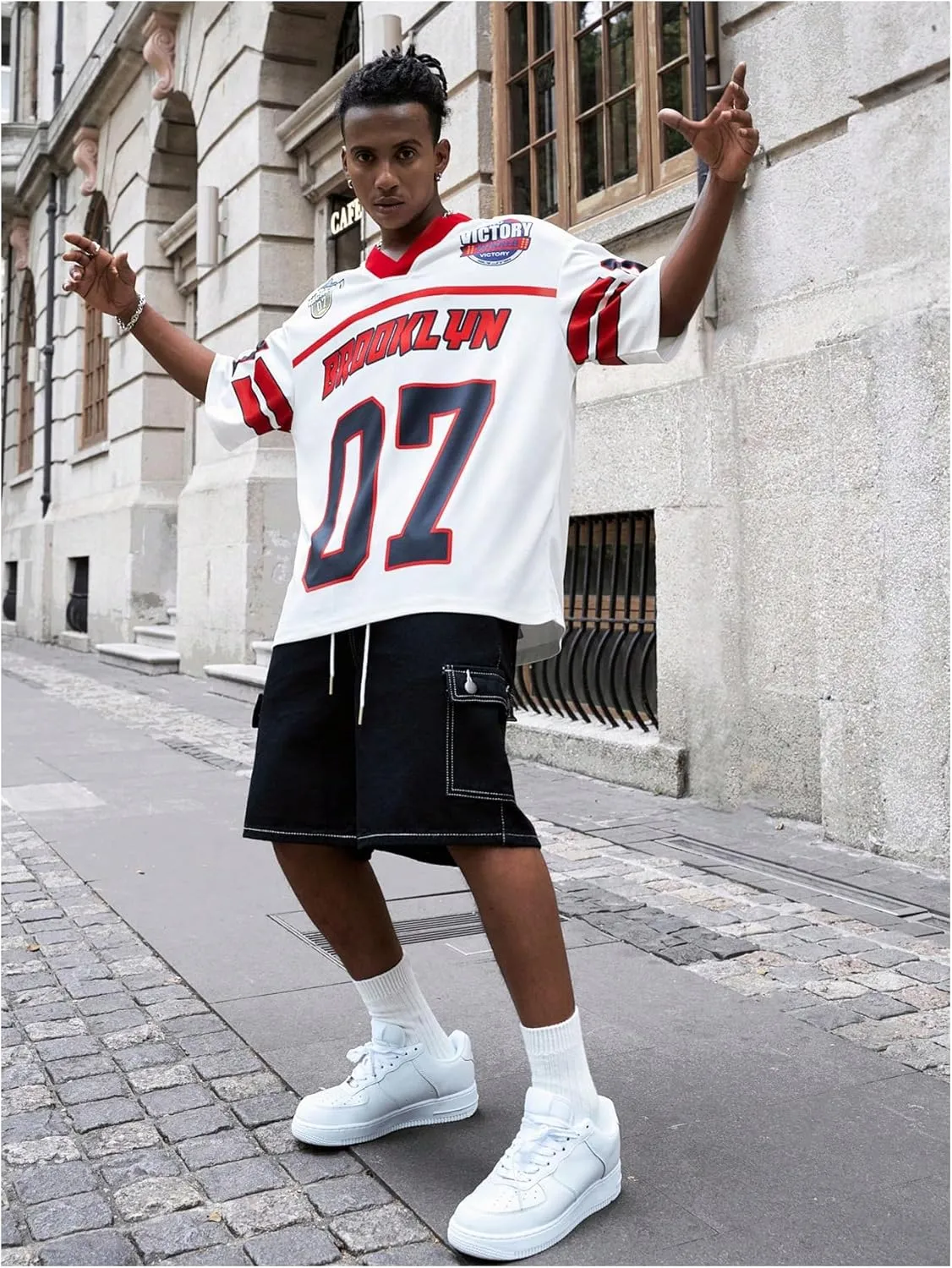 GORGLITTER Men's V Neck Racing Print Jersey Shirt Number Graphic Oversized Short Sleeve Streetwear T-Shirt