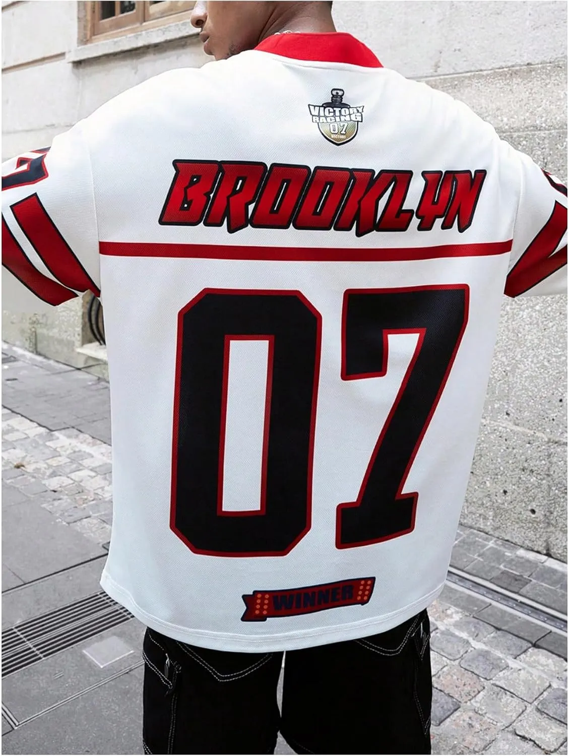 GORGLITTER Men's V Neck Racing Print Jersey Shirt Number Graphic Oversized Short Sleeve Streetwear T-Shirt