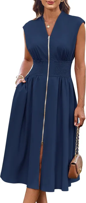 GRACE KARIN Womens Summer Casual Dress V Neck Cap Sleeve Zipper Front Flowy Midi Dress with Pockets