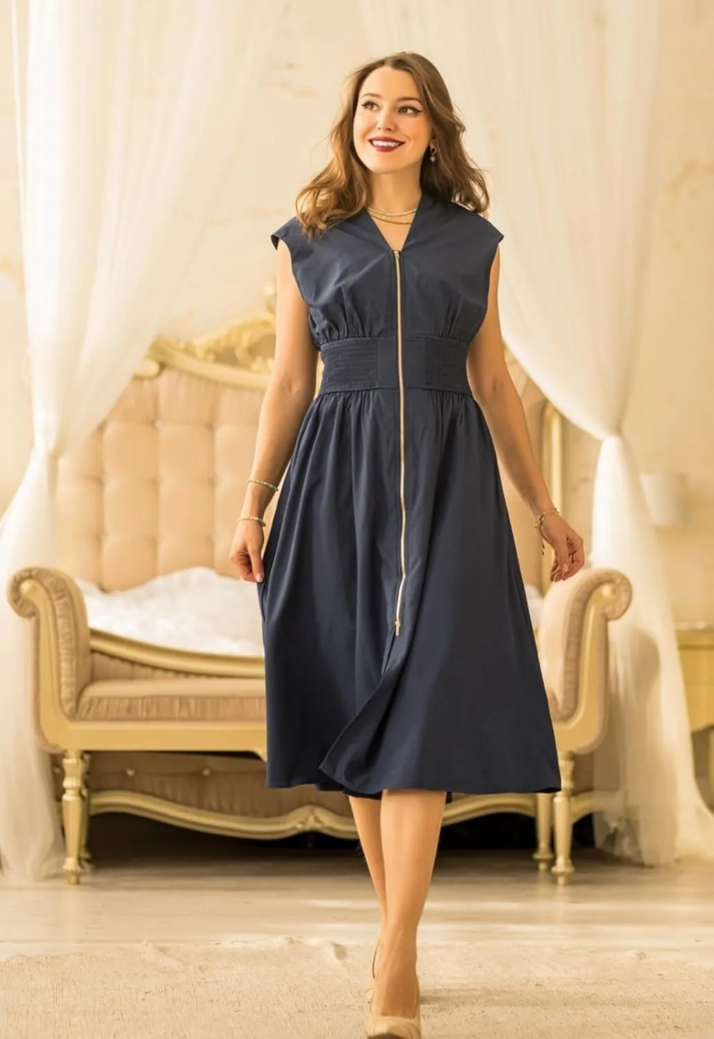 GRACE KARIN Womens Summer Casual Dress V Neck Cap Sleeve Zipper Front Flowy Midi Dress with Pockets