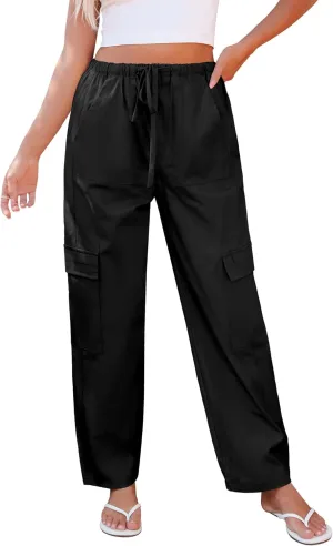 GRAPENT Wide Leg Pants Woman Cargo High Waisted Cotton Pull On Elastic Waist Drawstring Baggy Cinch Hem Joggers Pants