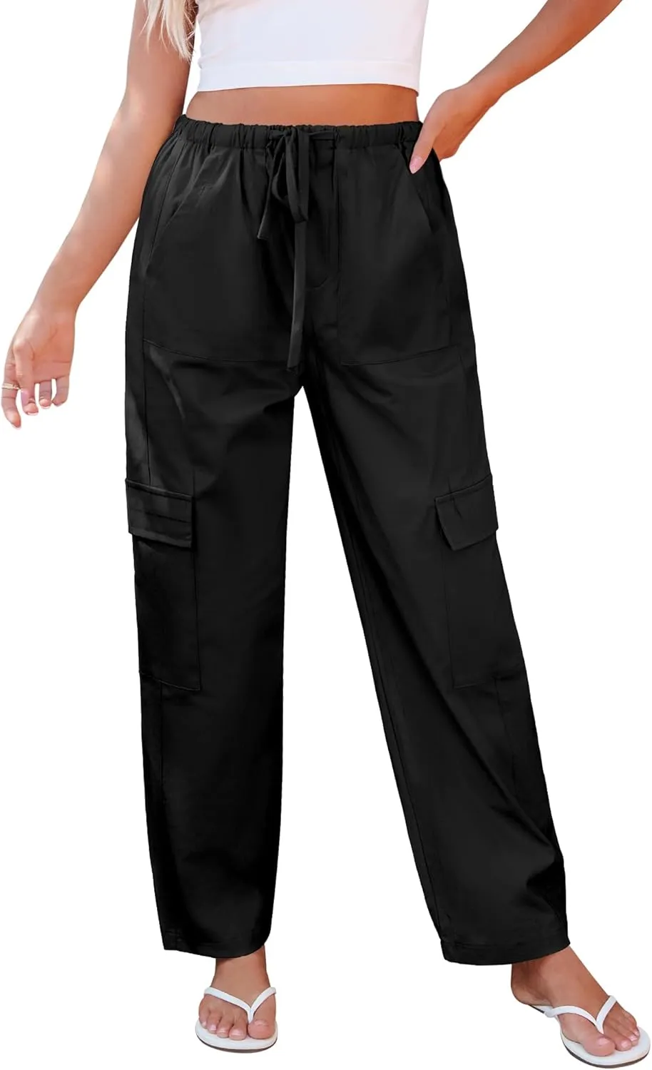 GRAPENT Wide Leg Pants Woman Cargo High Waisted Cotton Pull On Elastic Waist Drawstring Baggy Cinch Hem Joggers Pants