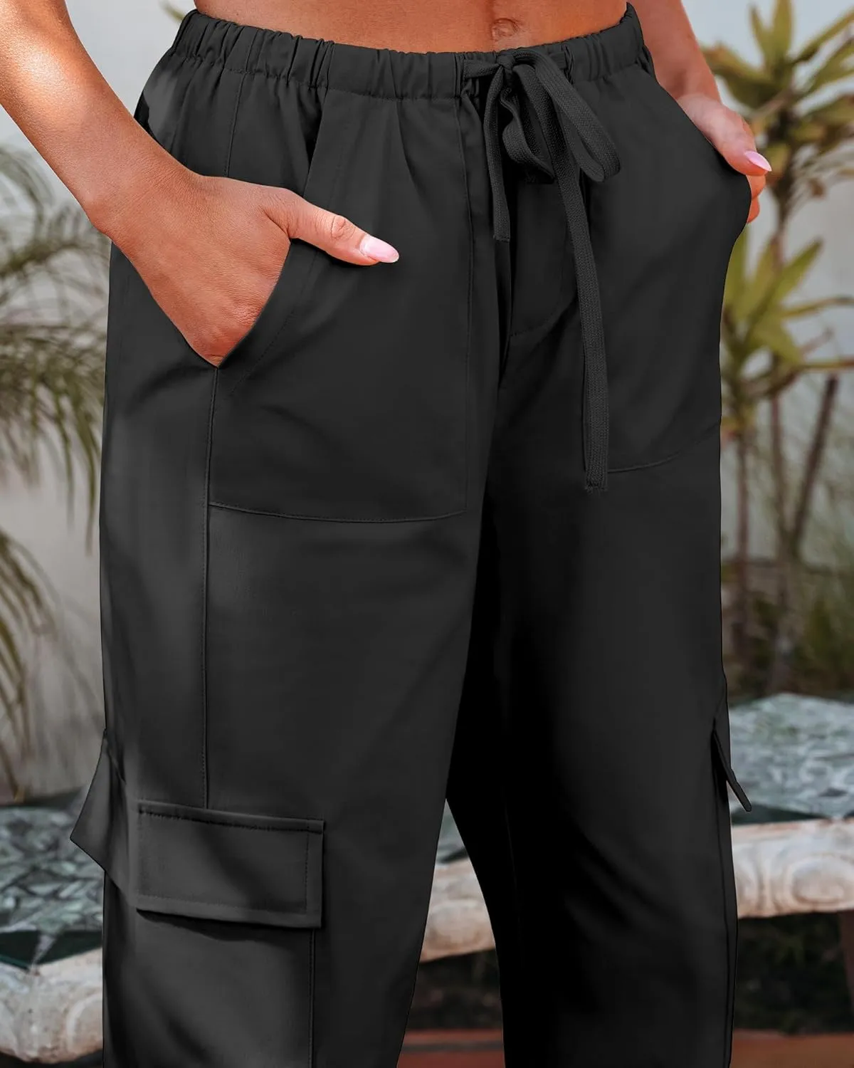 GRAPENT Wide Leg Pants Woman Cargo High Waisted Cotton Pull On Elastic Waist Drawstring Baggy Cinch Hem Joggers Pants