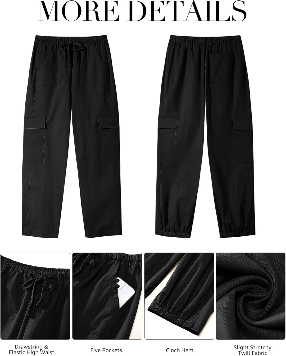 GRAPENT Wide Leg Pants Woman Cargo High Waisted Cotton Pull On Elastic Waist Drawstring Baggy Cinch Hem Joggers Pants