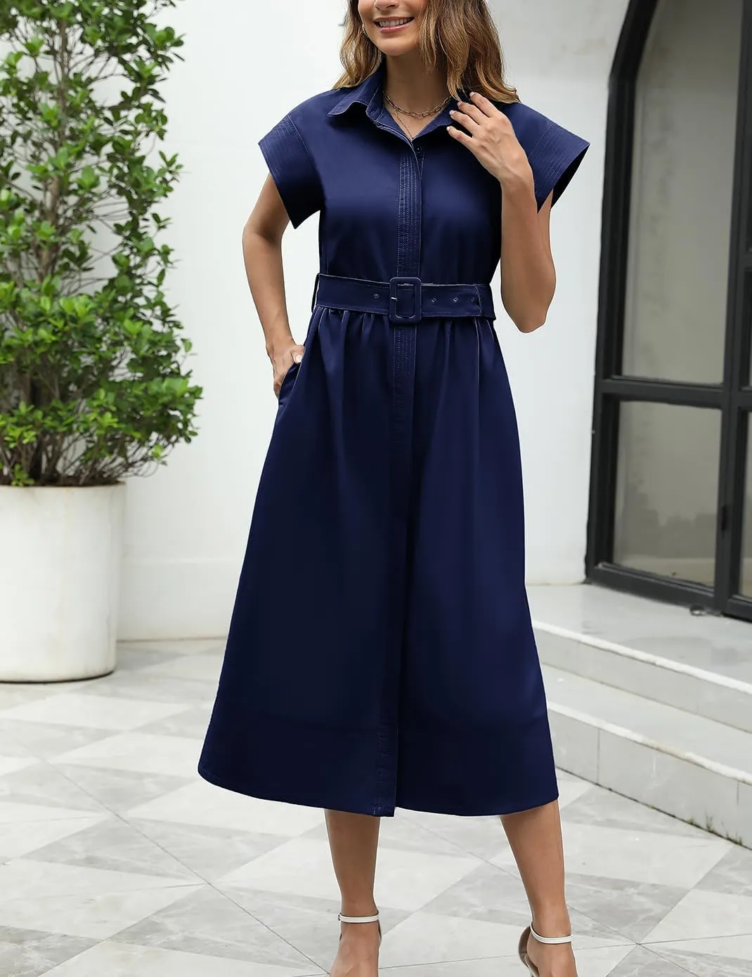 Haellun Women's Elegant Dress Classy Turn Down Collar Shirt Dress with Belt Short Wing Sleeve Trench Coat
