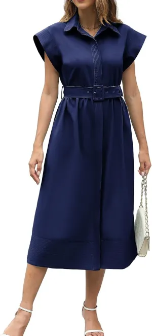 Haellun Women's Elegant Dress Classy Turn Down Collar Shirt Dress with Belt Short Wing Sleeve Trench Coat