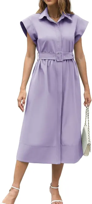 Haellun Women's Elegant Dress Classy Turn Down Collar Shirt Dress with Belt Short Wing Sleeve Trench Coat