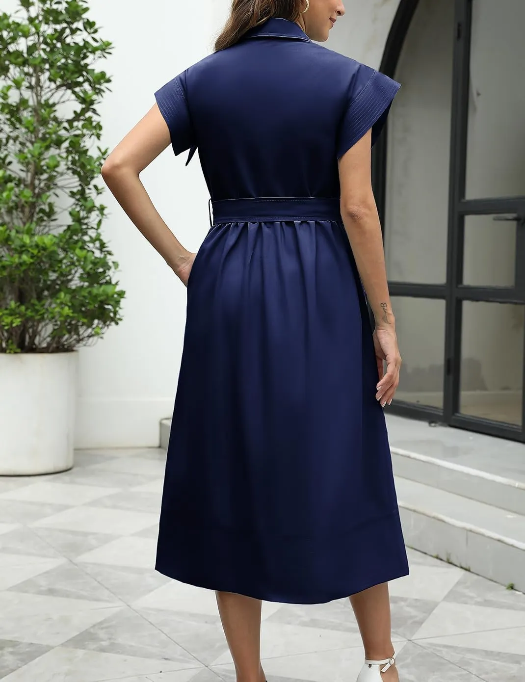 Haellun Women's Elegant Dress Classy Turn Down Collar Shirt Dress with Belt Short Wing Sleeve Trench Coat