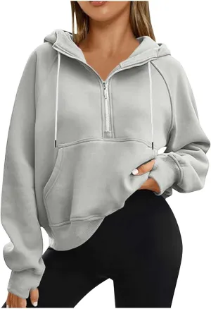 Half Zipper Cropped Hooded Sweatshirt for Women Long Sleeve Thumb Buckle Solid Sweatshirts 2024 Fall Trendy Clothes