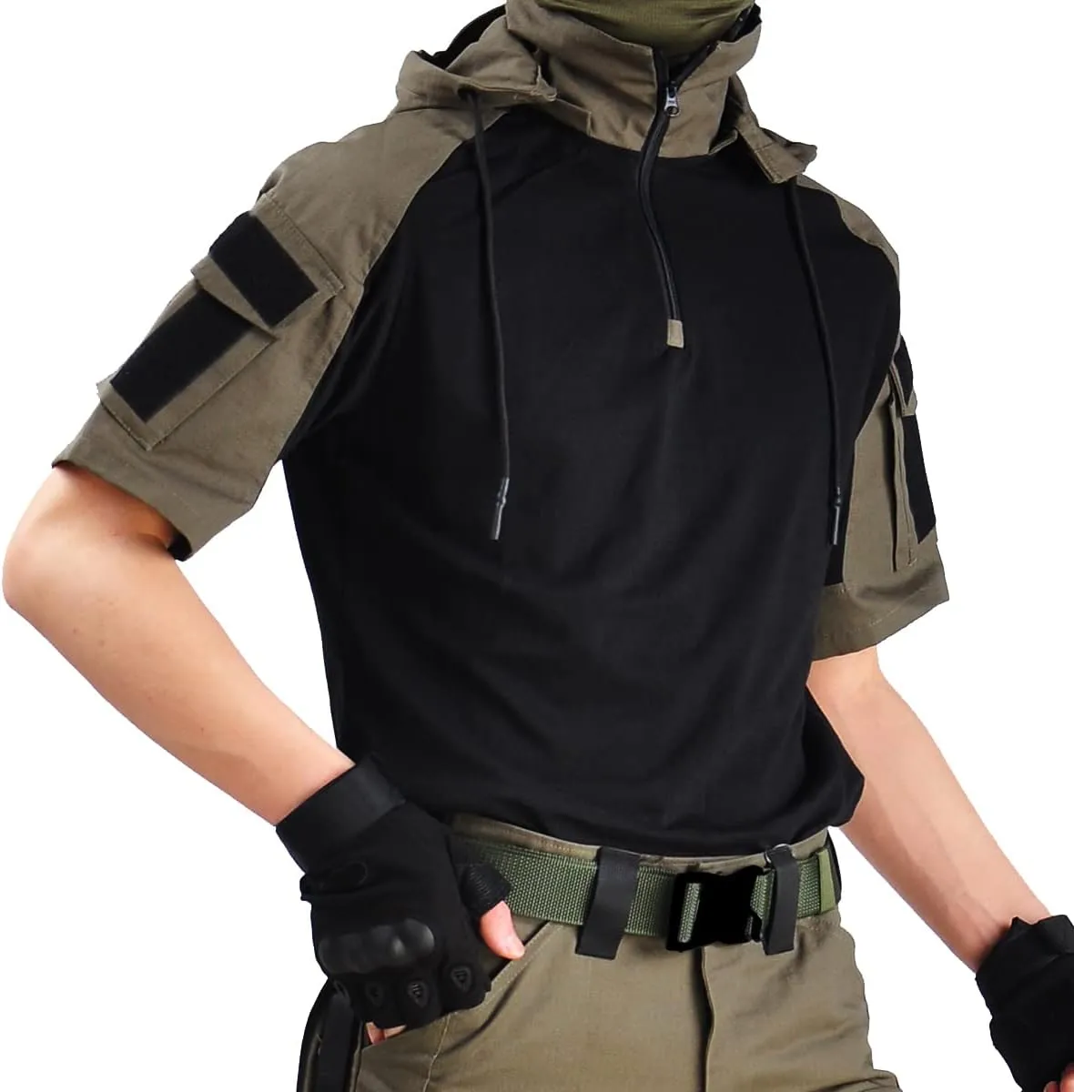 HANWILD Men's Combat Shirts Tactical Short Sleeve Shirt Cargo Military Airsoft T-Shirt with Hood Outdoor