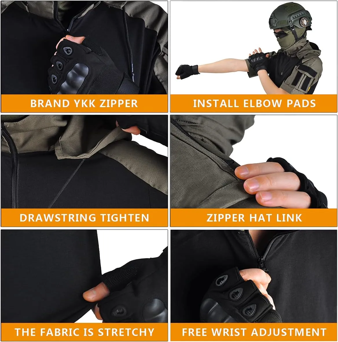 HANWILD Men's Combat Shirts Tactical Short Sleeve Shirt Cargo Military Airsoft T-Shirt with Hood Outdoor