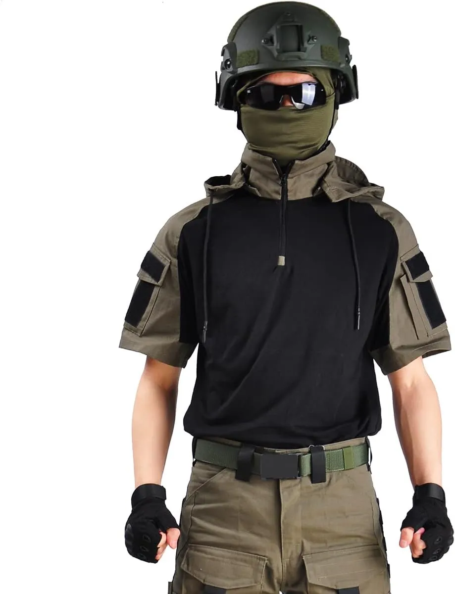 HANWILD Men's Combat Shirts Tactical Short Sleeve Shirt Cargo Military Airsoft T-Shirt with Hood Outdoor