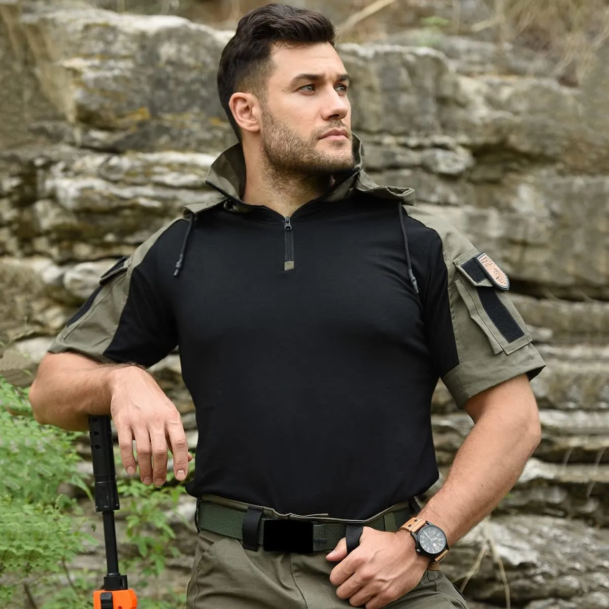 HANWILD Men's Combat Shirts Tactical Short Sleeve Shirt Cargo Military Airsoft T-Shirt with Hood Outdoor