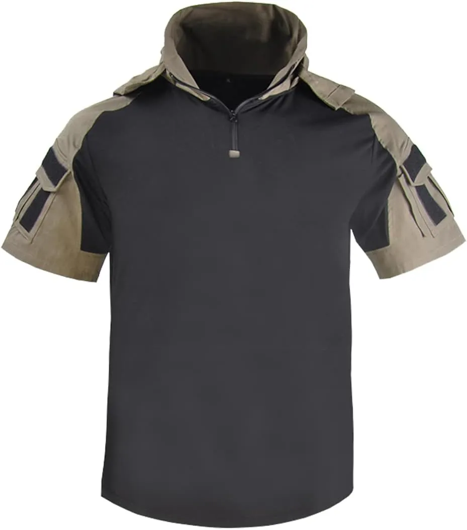 HANWILD Men's Combat Shirts Tactical Short Sleeve Shirt Cargo Military Airsoft T-Shirt with Hood Outdoor